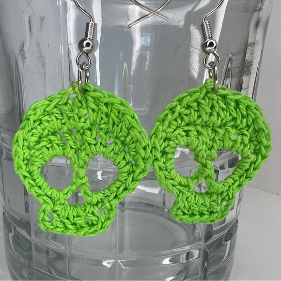 Handmade Crochet Skull Earrings on Hypoallergenic White Gold Plated Hooks - Picture 6 of 6